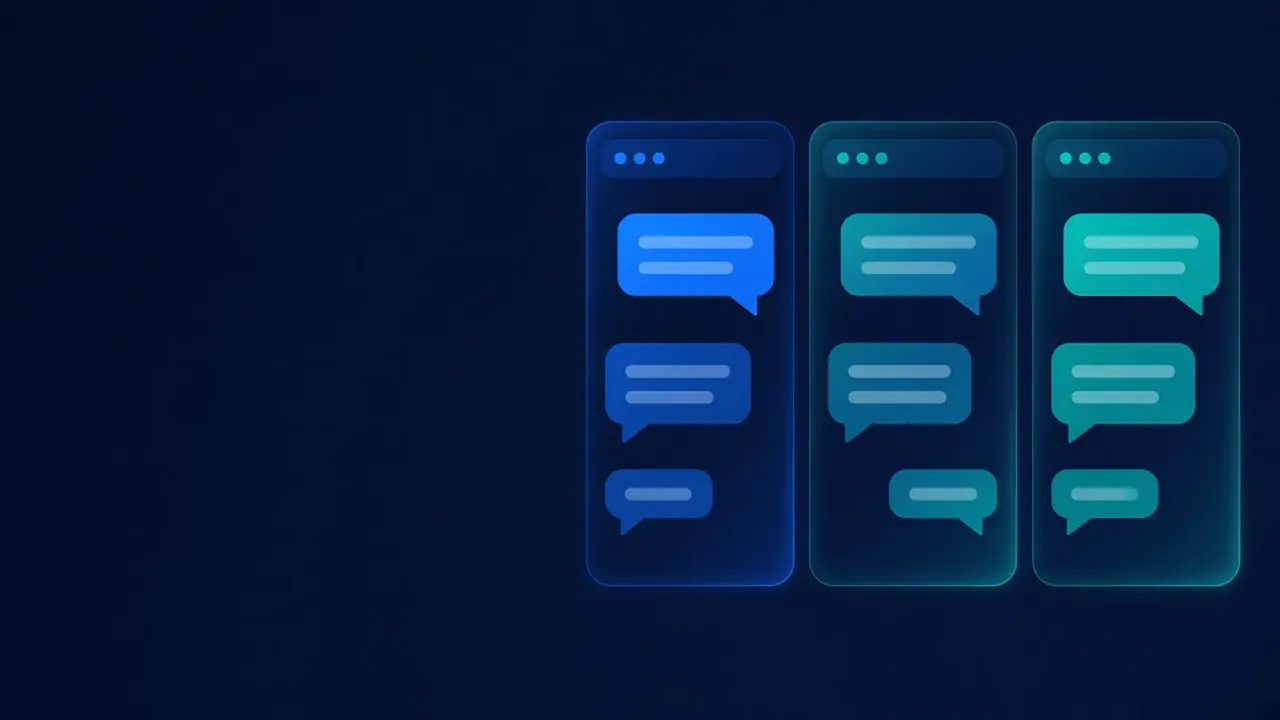 Three abstract chat panels side by side, each holding blank blue or teal speech bubbles, glowing softly on a dark navy background.